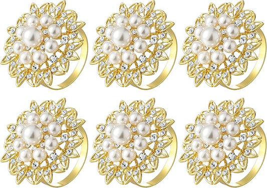 Napkin Rings 6 Pcs, Gold Metal Round Napkin Holders，Pearl Napkin Rings for Dinning Table Decor, Party, Wedding