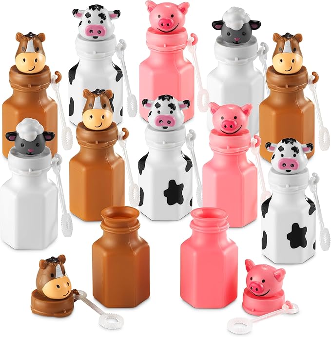 Mini Farm Animal Bubble Wands Toy Gifts for Kids - (Pack of 12) 3-Inch Barnyard Bubble Bottles, Assorted Animals for Giveaways, Prizes, Birthday Party Favors for Kids, Baby Showers, Goody Bag Toys
