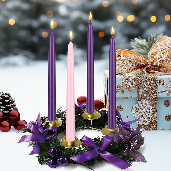Mega Candles 4 pcs Unscented Christmas Advent Candles Set, Self Fitting Hand Dipped Color Core Taper Candle 10 Inch x 7/8 Inch, Holidays, Festivities, Devotional, Church, Wreath, Party, Gifts