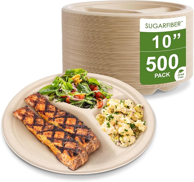 10 inch 3 COMP Nature Compostable Dinner Paper Plates for Party, 500 Count | Disposable,Biodegradable,Heavy-Duty,Natural,Bagasse,Microwavable, Eco-Friendly,Sugarcane,Plant Fibers,Sugarfiber,PFAS Free by HarvestPackGOURMETSHOWCASE