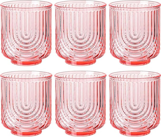 Pink Vintage Drinking Glasses Set of 6-15oz Hand-Blown Highball Ribbed Glassware, Arch Design Cocktail Glasses for Whiskey Water Beverages Ice Coffee Juice Milk