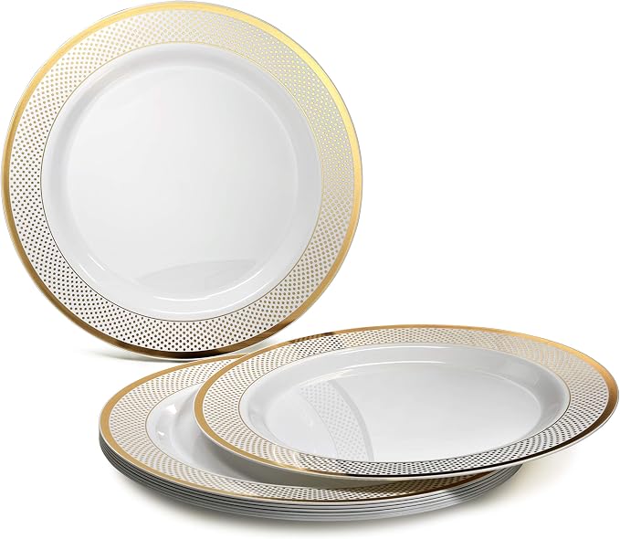 " OCCASIONS " 150pcs set (25 Guests)-Wedding Plastic Plates & cutlery -Disposable heavyweight Dinnerware 10.5'', 7.5'' + Silverware w/double fork (Sundance in White & Gold) - Image 2