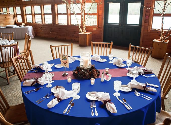 fani 8 Packs Royal Blue Round Tablecloth - 108 Inch, Polyester | Table Cloth for Round Tables, Washable Fabric, TableCovers for Wedding, Party, Banquet, Dining Tables, Camping - Image 4