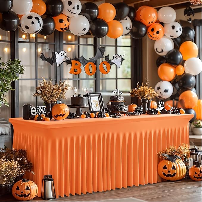 2 Packs Orange Table Clothes for 4 Foot Rectangle Tables, One-Piece Wrinkle Resistant Stretch Spandex Table Covers with Skirt for Event Banquet Wedding Birthday Party - Image 7