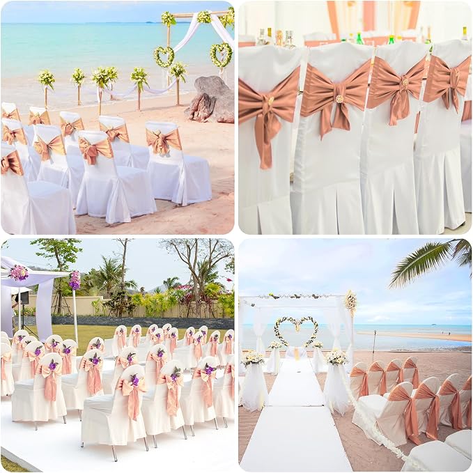 10 PCS Rose Gold Satin Chair Sashes Bows Universal Chair Ribbon Ties Back Sash for Wedding Party Reception Events Banquets Hotel Event Chair Cover Decoration (7x108 inch) - Image 7