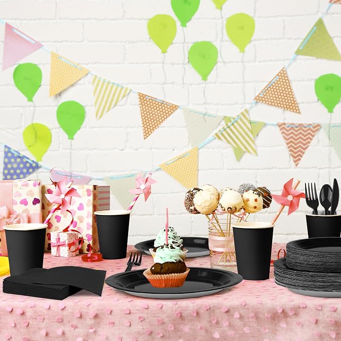 durony 350 Pieces Black Paper Dinnerware Set 7 Inch 9 Inch Disposable Dinner Plates Serve 50 Guests Paper Cup Cutlery Napkins Solid Color Party Supplies for Birthday Wedding Party Family Picnic - Image 6
