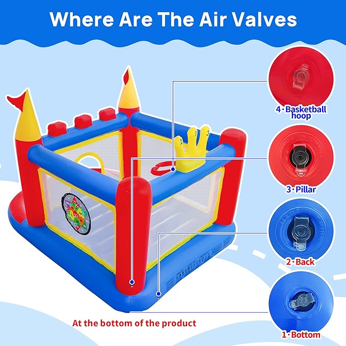 Inflatable Bounce House with Blower, PVC Bouncer for Kids Ages 3-8, Indoor and Outdoor Bouncy Playhouse, Jumping Castle with Pump, Ball Pit, Ringtoss and Target Game, Bouncer for 3 Kids