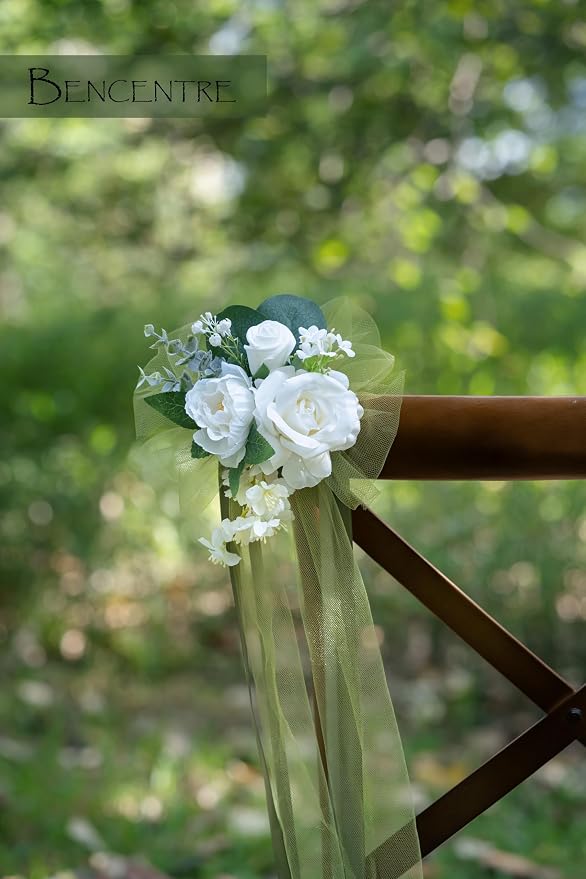 White&Greenery Wedding Chair Decor Set of 8,Chair Back Flowers,Aisle Decor for Ceremony,Reception,Outdoor,Church Pew Wedding Aisle,Artificial Flowers - Image 4