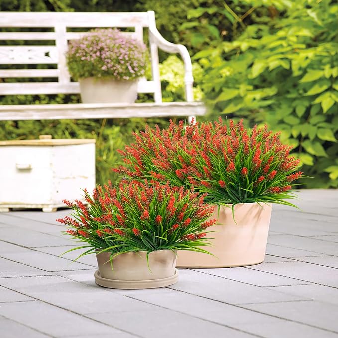 obbsie 12 Bundles Artificial Plants Outdoor, 18.2" UV Resistant Faux Monkey Grass Greenery Stems No Fade Faux Plastic Flowers Shrubs for Home Weddings Garden Porch Front Patio Office Decor - Red - Image 5