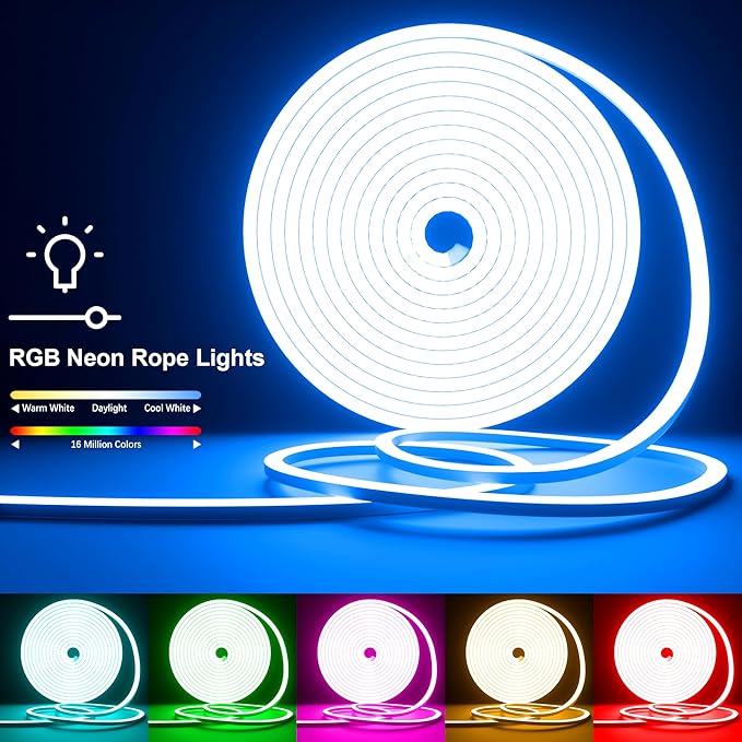 Cozylady 66Ft (33Ft * 2 Rolls) RGB LED Neon Rope Lights for Bedroom, 20m LED Strip Lamp with Double Sided Adhesive Tape, App/Remote Control DIY Lights Decorate The Outdoor and Indoor of Your Home