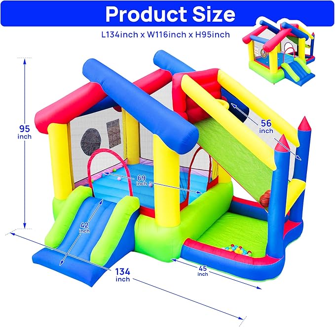 Inflatable Bounce House with Slide, Jumping Castle with Blower and Ball Pool, Basketball Game, Dart Target Game