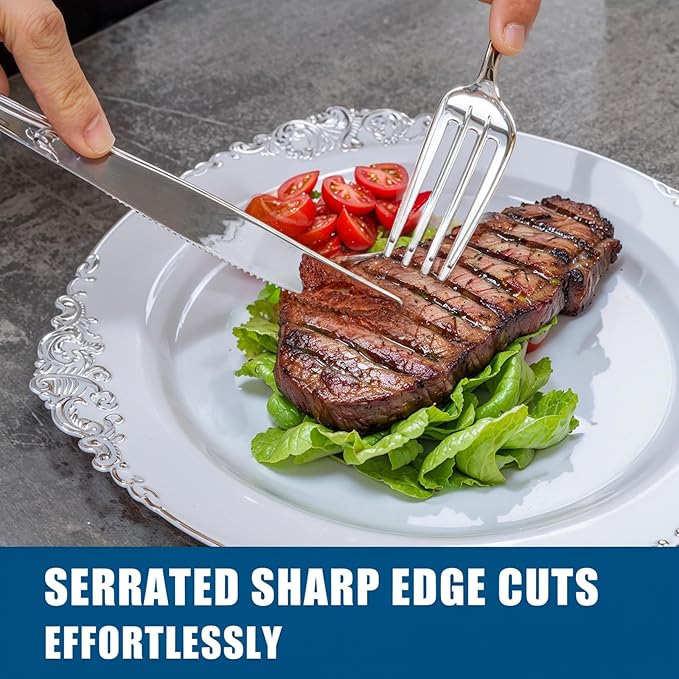 300Pieces Silver Plastic Silverware - Heavy Duty Silver Disposable Utensils - Vintage Plastic Cutlery Set Includes 100 Forks, 100 Spoons, 100 Knives for Dinner Parties Weddings