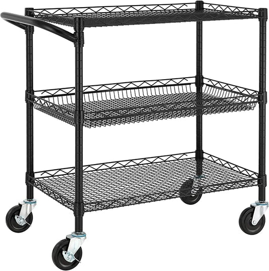Finnhomy 3 Tier Heavy Duty Commercial Grade Utility Cart, Wire Rolling Metal Trolley with Handle Bar, Steel Kitchen Service Cart with Wheels, Food Storage Trolley on Wheels, NSF Listed, Black