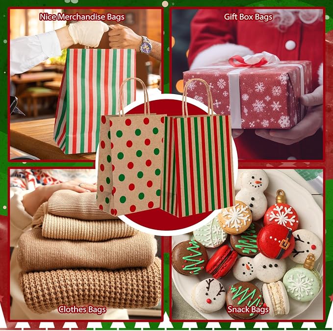 Colarr 100 Pcs Christmas Gift Bags Kraft Red Green Striped Dots Handles | Polka Dot Chevron Patterns, Party Favor Supplies, Treat Candy Goodie Bags, Holiday Wrapping, Twisted Handles for Carrying - Image 6