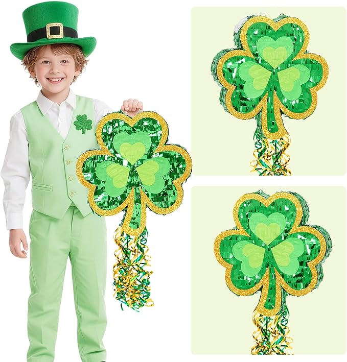 WERNNSAI St Patricks Day Pinata - St Patricks Day Party Game Green Shamrock Decorations for Festival Celebrations Supply Summer Lucky Charm Decor with Bat Blindfold