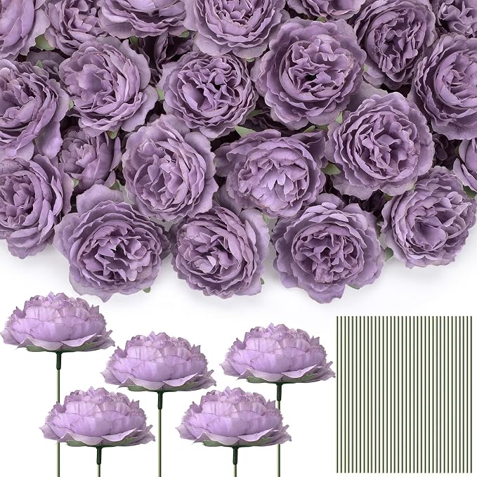 Thiccywoov 100 Pcs Silk Rose Heads Artificial Fake Flowers, Purple | 3.2 Inch Silk Rose Heads Bulk, Wire Stems for Wedding Bouquet, Diy Bridal Centerpieces, Fake Floral Crafts Decor by Jgiusenfg