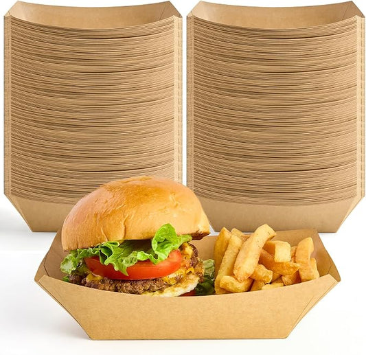 ZORRITA 100 Pack 4 LB Large Paper Food Trays | Disposable, Kraft Paper, Nacho Trays, Food Boats, Party Serving Basket, For Nachos Sandwiches Burgers Popcorns Salads Snacks by ZORRITA