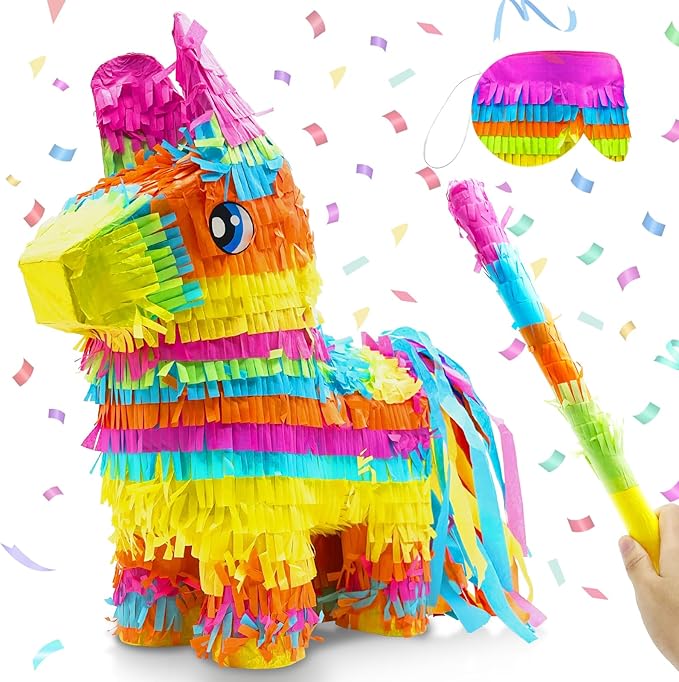 16" Cinco de Mayo Pinata, Large Rainbow Color Donkey Pinata 16 x 13 x 5.5 ln with Stick and Blindfold for Fiestas Mexican Party Decoration, Photo Prop, Taco Tuesday Event