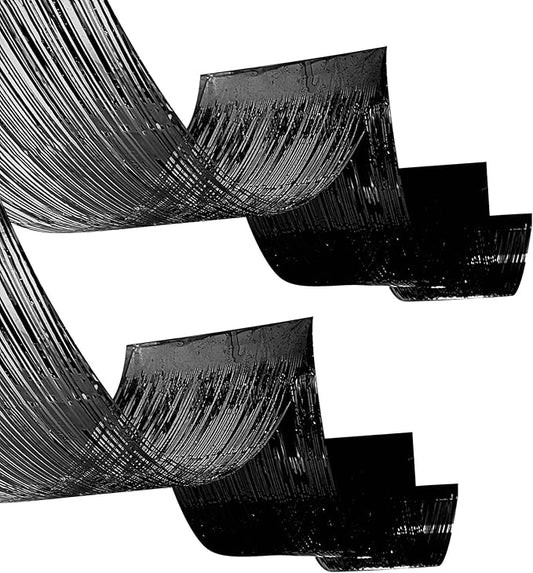 Beistle Black Metallic Fringe Ceiling Curtains – 2-Pack Extra-Long Shiny Tinsel Streamer Decorations with Tape for Halloween, New Year’s Eve, Birthday Parties, and Event Backdrops, 19½" x 16'
