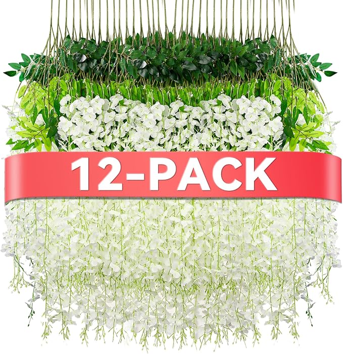 Alotiki White Wisteria Hanging Flowers, 12 Pack Fake Hanging Flowers | Artificial Flowers for Outdoors, Fake Flowers Garland for Backdrop, Home Garden Wedding Decor, Wisteria Garland Wedding Arch by CreateABetterLife