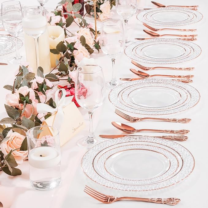 300PCS Rose Gold Plastic Silverware - Heavy Duty Elegant Disposable Utensils - Vintage Rose Gold Cutlery Set Includes 100 Forks, 100 Spoons, 100 Knives for Dinner Parties Weddings