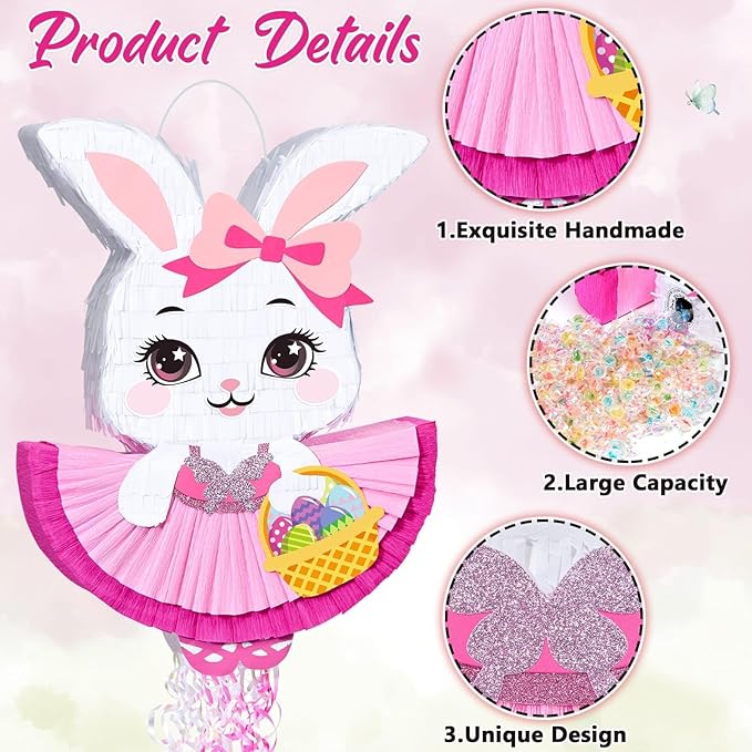 WERNNSAI Easter Bunny Pinata – Pink Easter Rabbit Pinata with Blindfold and Stick Spring Easter Egg Hunt Game Party Decorations Birthday Carnival Supplies