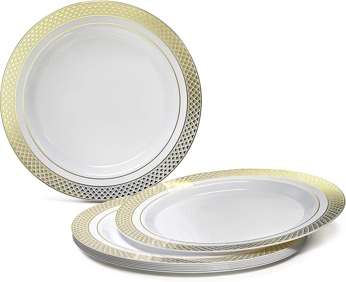 " OCCASIONS " 200pcs set (25 Guests)-Heavyweight Wedding Party Disposable Plastic Plate Set -25 x10.5'' + 25 x7.5''+Silverware +Cups+linen like paper Napkins (Celebration white & Gold) - Image 5