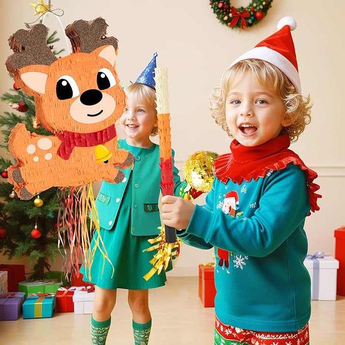 WERNNSAI Christmas Reindeer Pinata - Christmas Elk Decorations Xmas Reindeer Party Games for Kids Merry Xmas Decorations Indoor Outdoor Festival Carnival Party Supply Xmas Pinata with Blindfold Bat