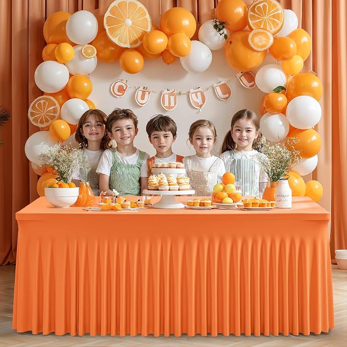6 Packs Orange Table Clothes for 6 Foot Rectangle Tables, One-Piece Wrinkle Resistant Stretch Spandex Table Covers with Skirt for Event Banquet Wedding Birthday Party - Image 4