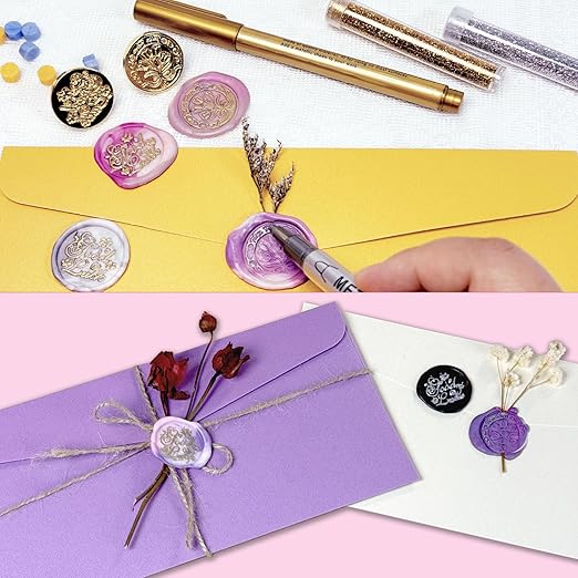 Wax Seal Kit, 24 Colors Sealing Beads, 2 Pcs Stamp,Sealing Wax Warmer, Metallic Pen, Envelope,Dried Flower,Candles for Wedding Birthday Gift and DIY Craft