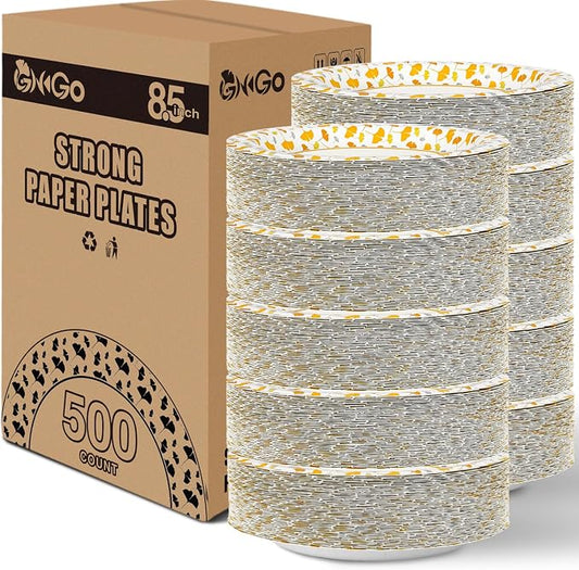 Ginkgo Dessert Paper Plates 8.5 inch Bulk 500 count | Thickened Heavy Duty Disposable Plates for Party and Daily use by HOME