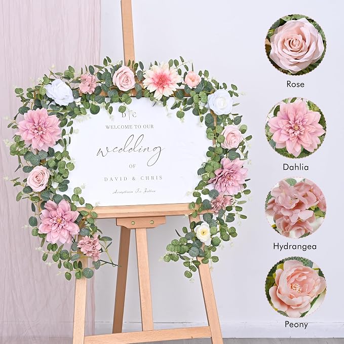 Waipfaru 2 Pcs Flower Garland, 12.14ft Eucalyptus Garland Vines with Flowers for Wedding Reception Table Mantle Spring Room Decor (Rose Pink) - Image 3