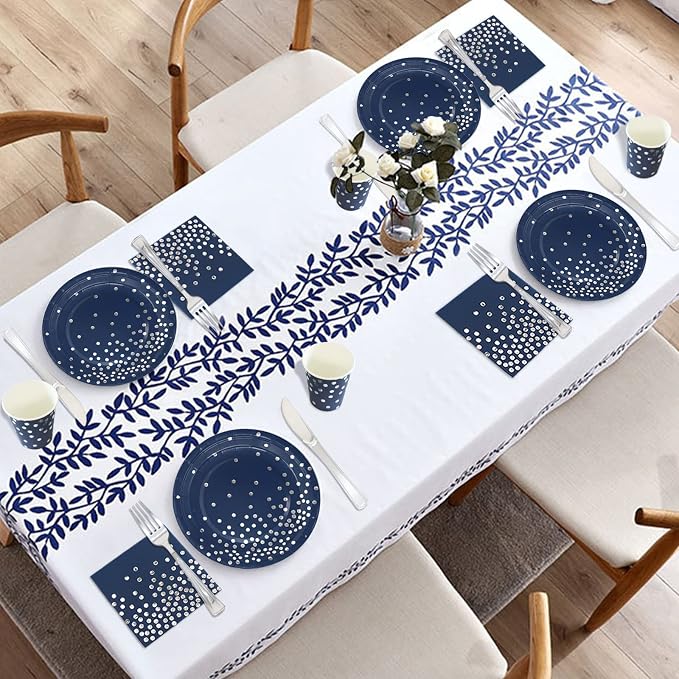 168Pcs Navy Blue Plates and Napkins Party Supplies, Navy Blue Paper Plates Serve 24, blue and Silver Party Decorations, for Fathers Day, Graduation, 4th of July, Hanukkah Party (Pack of 2) - Image 3