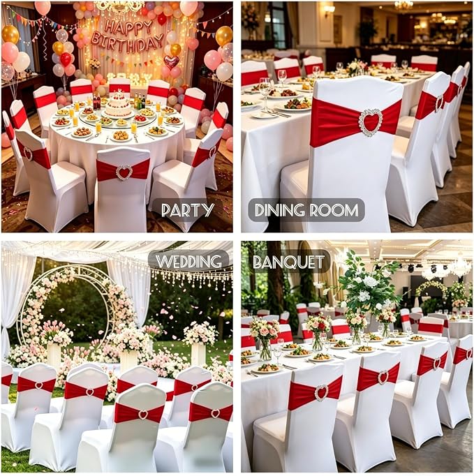 100PCS Spandex Stretch Red Chair Sashes Bows Universal Elastic Chair Cover Bands Ties with Buckle Slider for Wedding Party Birthday Reception Event Banquet Decoration(Red) - Image 7