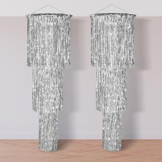 Tatuo 3 Tier Metallic Tinsel Chandelier Shimmering Fringe Chandelier Decor Hanging Decoration Photo Booth Backdrop for Birthday Anniversary Wedding New Year's Eve Party Supplies, 4 ft(2 Pcs,Silver)