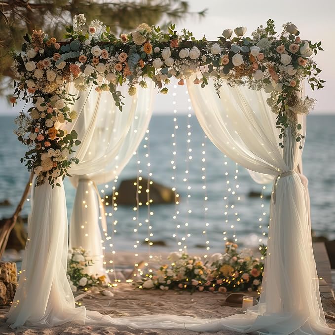 Fomcet Tulle Backdrop Curtains with Lights 10x8ft Sheer Ivory Curtain | Tulle Curtains Backdrop Sheer Backdrop Curtains for Parties Wedding Birthday Baby Shower Photoshoot Decors(2 Panels 5x10ft) - Image 6
