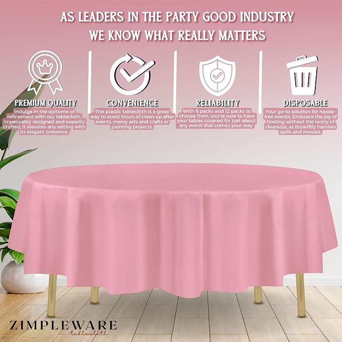 ZIMPLEWARE Pink Standard Disposable Plastic Party Tablecloth [Case of 72] 84 x 84” Round Table Cover for Indoor & Outdoor Use - Image 4
