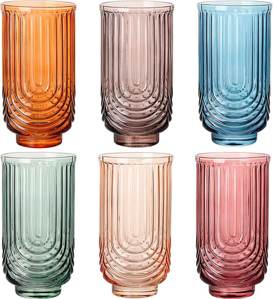 Colored Vintage Drinking Glasses Set of 6-17oz Hand-Blown Highball Ribbed Glassware, Arch Design Cocktail Glasses for Whiskey Water Beverages Ice Coffee Juice Milk