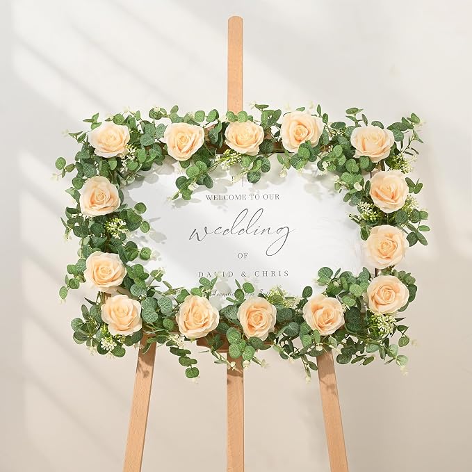 Dolicer 4Pcs 26Ft Artificial Eucalyptus Garlands with Flowers - 8 Roses, Faux Floral Greenery Garlands Fake Flowers Vines for Wedding Table Centerpieces Arch Party Ceremony Backdrop Decor (Champagne) - Image 7