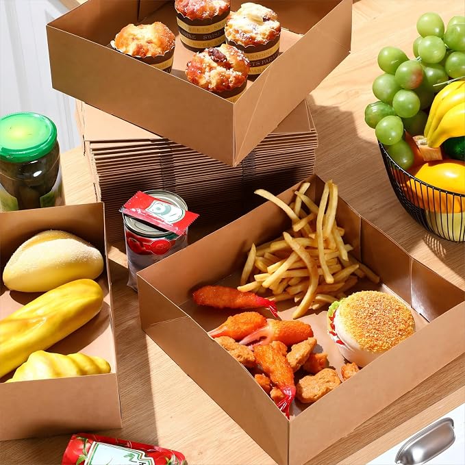 Teling 50 Pcs Kraft Paper Cardboard Food Trays Disposable Container, Brown | 10.4"x10.4"x3.7" Kraft Paper Holders Bulk, Party Theaters Stadiums Catering, Fast Food Container Boxes Foldable Design - Image 4