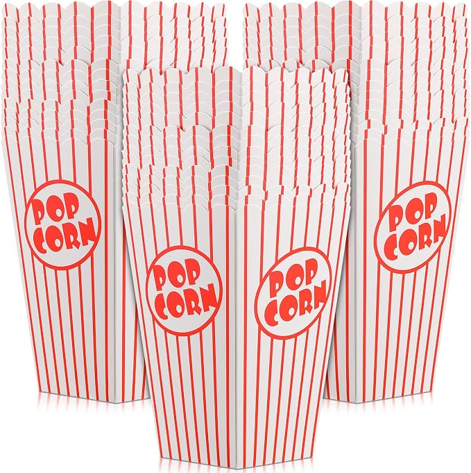 200 Pack Movie Night Popcorn Boxes Paper Popcorn Bucket Red and White Striped Container Vintage Retro Bags for Party 6.3 Inch Tall Holders for Carnival Circus Party by Rtteri