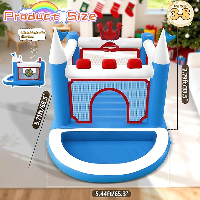 Kids Bounce House with Ball Pit, Basketball Hoop, Target Game and Ring Toss Game PVC Jumping Castle with Electric Air Pump 98”x 70”x 65” Trampoline for Ages 3-8 Indoor or Outdoor Play