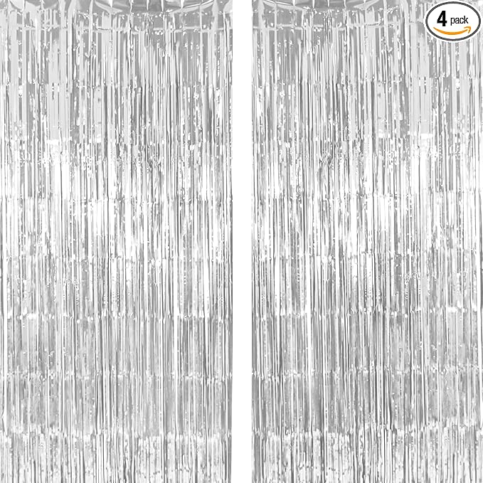 4 Pack Thickened Silver Metallic Foil Fringe Curtains Streamer Rip Resistant Shimmer Tinsel Photo Booth Backdrop for Birthday Wedding Christmas Bachelorette Party Decorations 3.28ft x 6.56ft