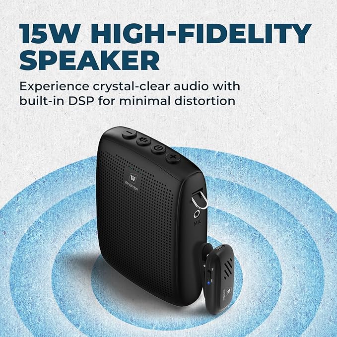 WinBridge Wireless Voice Amplifier with Bluetooth Lavalier Lapel Microphone for Teachers,Portable Speaker and Wireless Clip On Microphone System, Mini Megaphone Speaker Mic Set 15W 2600mAh WB005