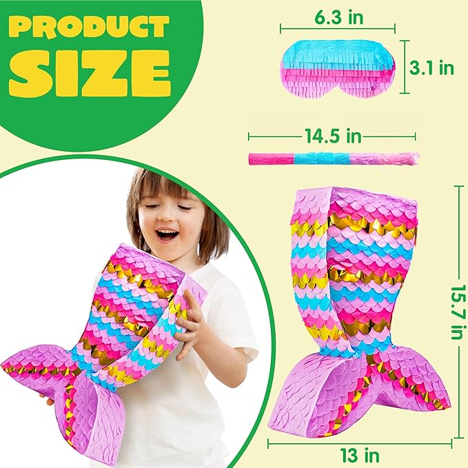 Mermaid Tail Pinata with Plastic Bat and Paper Blindfold for Fun Fiesta Taco Party Supplies, Photo Props, Mexican Theme Decoration, Carnivals Festivals, Girl Kids Birthday Parties 13W x 15.7H