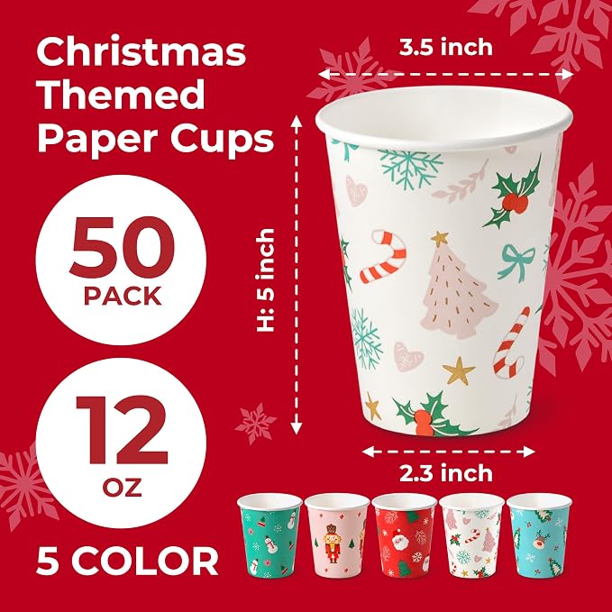 Fit Meal Prep 50 Pack 12 oz Christmas Disposable Coffee Cups, Premium Christmas Paper Cups for Hot/Cold Beverages, Xmas Party Cups for Kids, Adult, Party, Holiday - Image 2