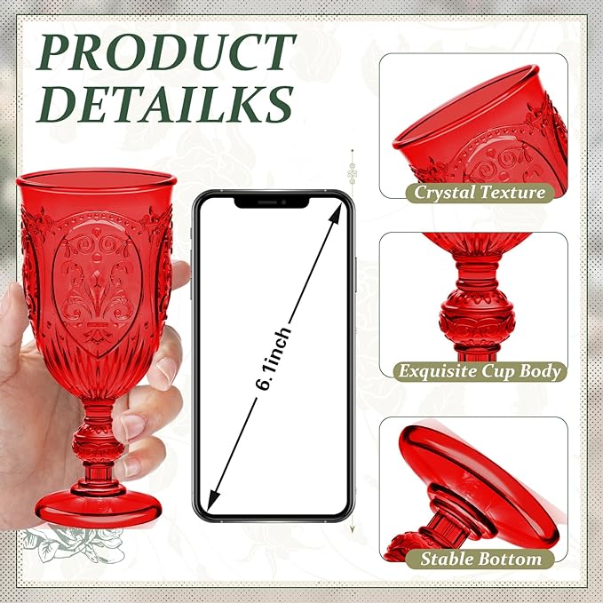 24 Pcs Plastic Goblets 7.5oz Vintage Goblet Plastic Wine Glasses Colored Retro Embossed Water Goblets for Wine Bar Juice Baby Shower Wedding Reception Grand Event Party (Red)