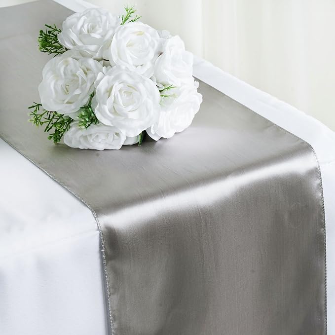 Balsa Circle 10 pcs 12 x 108 inch Silver Satin Table Runners Wedding Table Top Party Supplies Reception Linens Decorations - Image 2