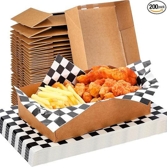 Thenshop 200 Pcs Kraft Paper Food Tray and Disposable Wrapping Paper Set - 4 Corner Pop up Food Box - Foldable Cardboard Trays - Greaseproof Paper Box for Theater Stadium (Black and White) by Thenshop