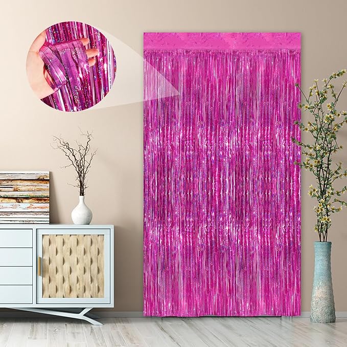 Rose Pink Party Streamers 2 Pack Glitter Foil Fringe Curtain 3.3 x 8.3ft Pink Party Decor Photo Booth Streamers Metallic Tinsel Door Streamer for Christmas Baby Shower Halloween Decorations